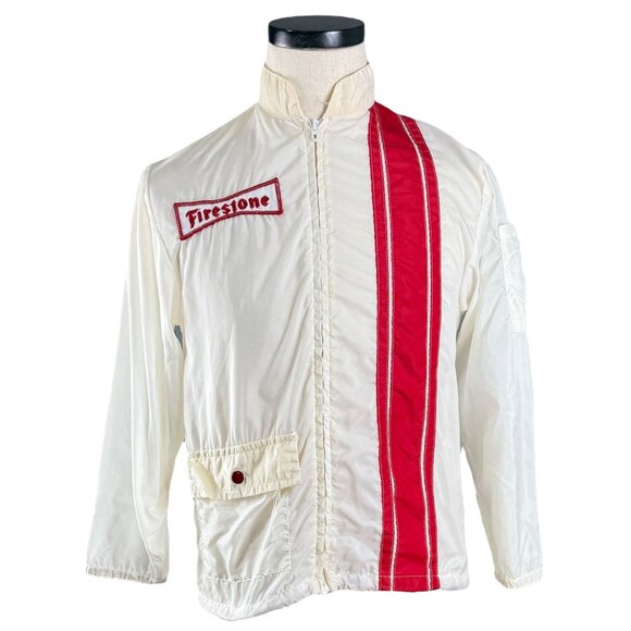 Vintage 60s Firestone White Racing Jacket With Red Stripe & Embroidered Logo M - Picture 1 of 13